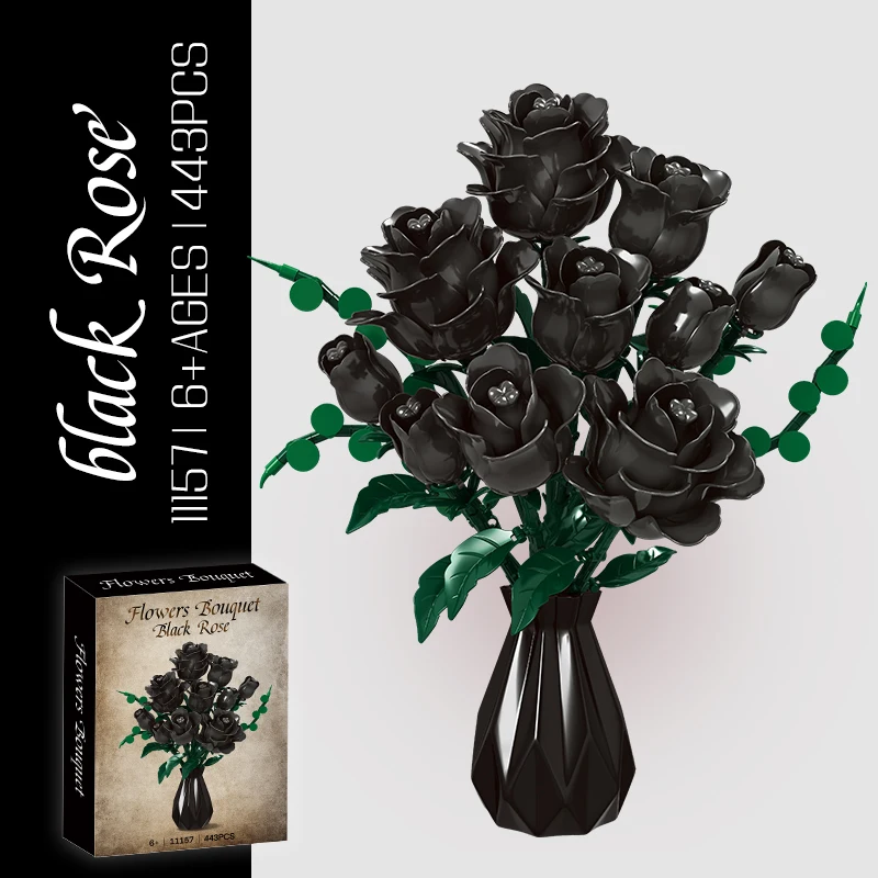 Black Rose Bundle Building Blocks DIY Artificial Flower Home Decoration STEM Educational Toy Set for Display