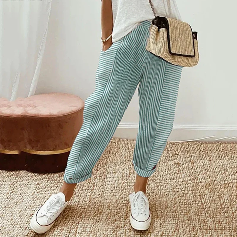 

Spring Summer Solid Trousers for Women Casual Simple Jacquard Stripe Printed Elastic Waist Fashion Loose Female Pencil Pants