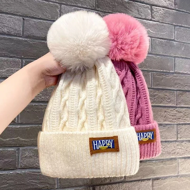 Korean Knitted Cold Hats Faux Fur Embroidery Letter Beanie Female Soft Solid Color Crochet Cap Winter Plus Velvet Warm Wool Hat