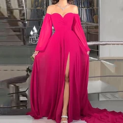 Ellafads Women Maxi Dress Autumn Elegant Solid Long Sleeve Off Shoulder Strapless V Neck Nipped Waist Slit Evening Party Dress