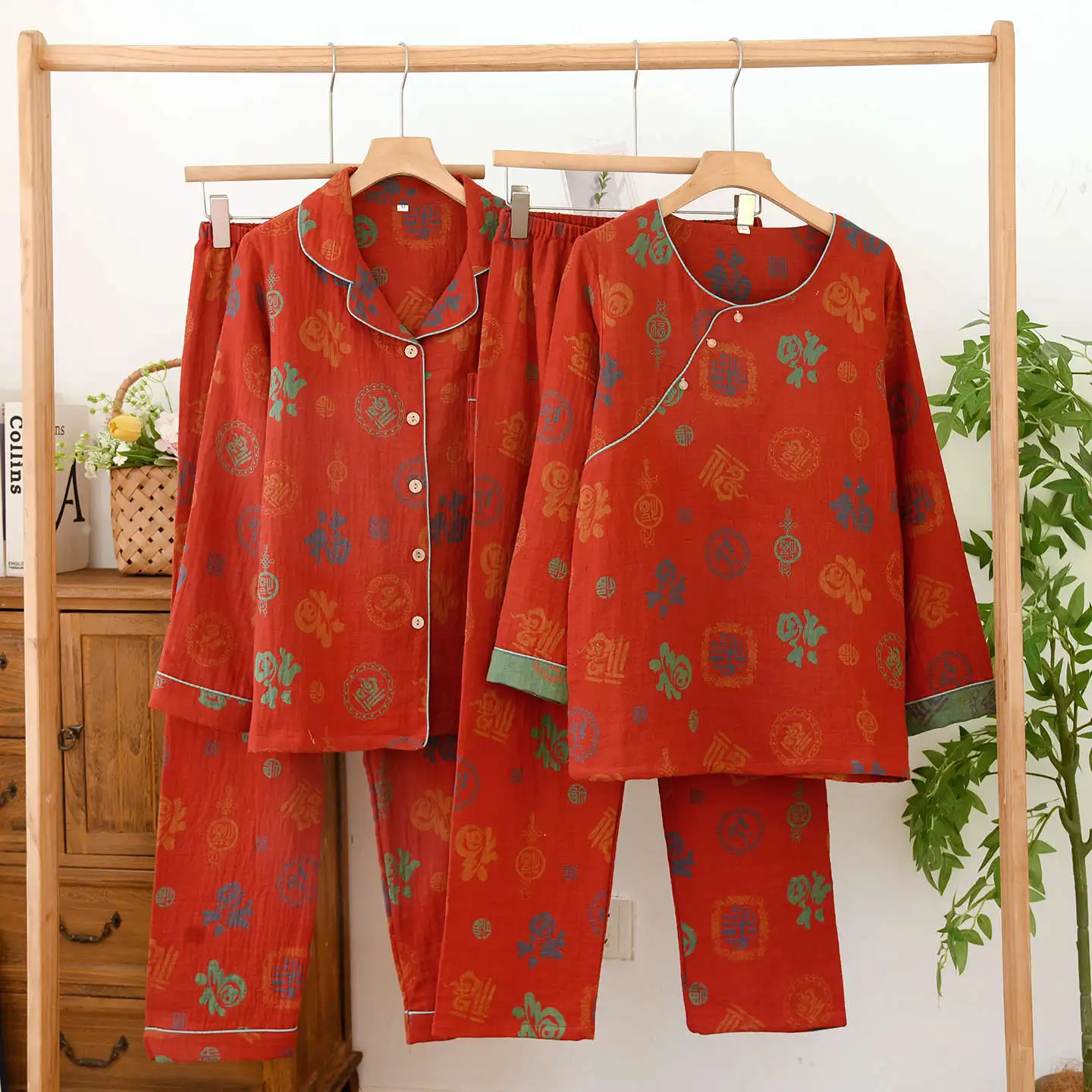 

Новогодний национальный стиль, весенний хлопковый марлевый комплект домашней одежды, пижамный комплект с длинными рукавами, тонкий Conjuntos De Mujer