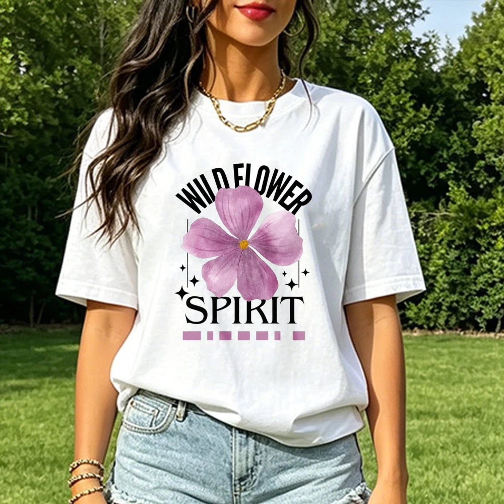 Wild Flower Spirit Graphic Tee Purple Minimalist Floral Art Nature Botanical Women Fashion Tops Summer Casual Outdoor Clothing