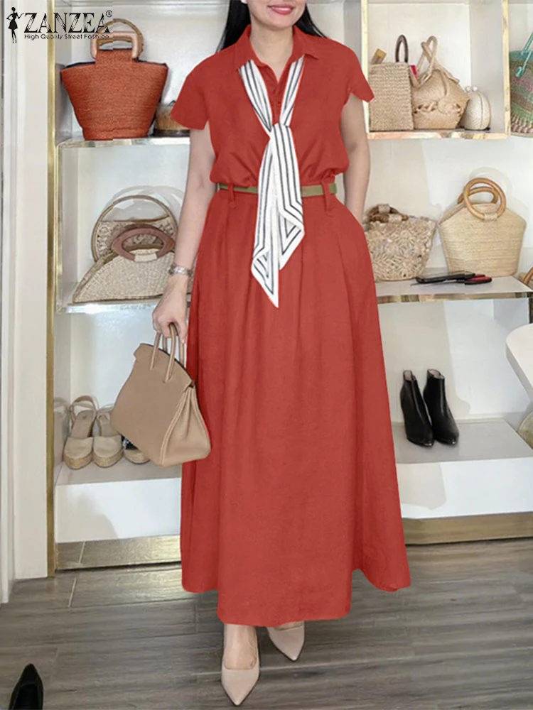 

ZANZEA Элегантные женские комплекты из 2 предметов Летняя одежда Блузка с короткими рукавами и лацканами Макси-юбки Костюм из 2 предметов Модный рабочий спортивный костюм 2025