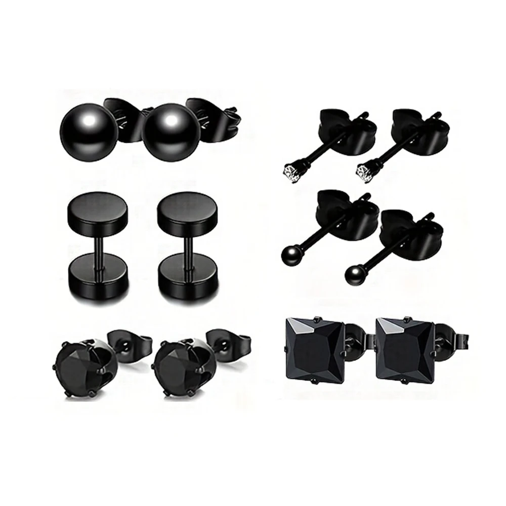 16 Pairs/ Set Men\'s Earrings FashionableStainless Steel Black Earrings Pierced Hoop Earrings Jewelry For Men And Women