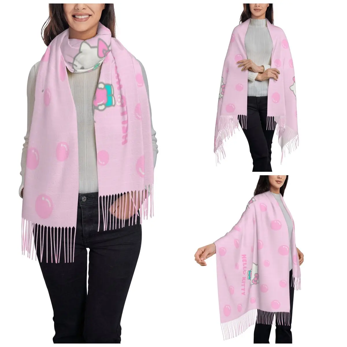 Hello Kitty Apples Scarf for Womens Warm Winter Cashmere Shawl Wrap Cartoon Cute Long Large Scarves with Tassel Lightweight