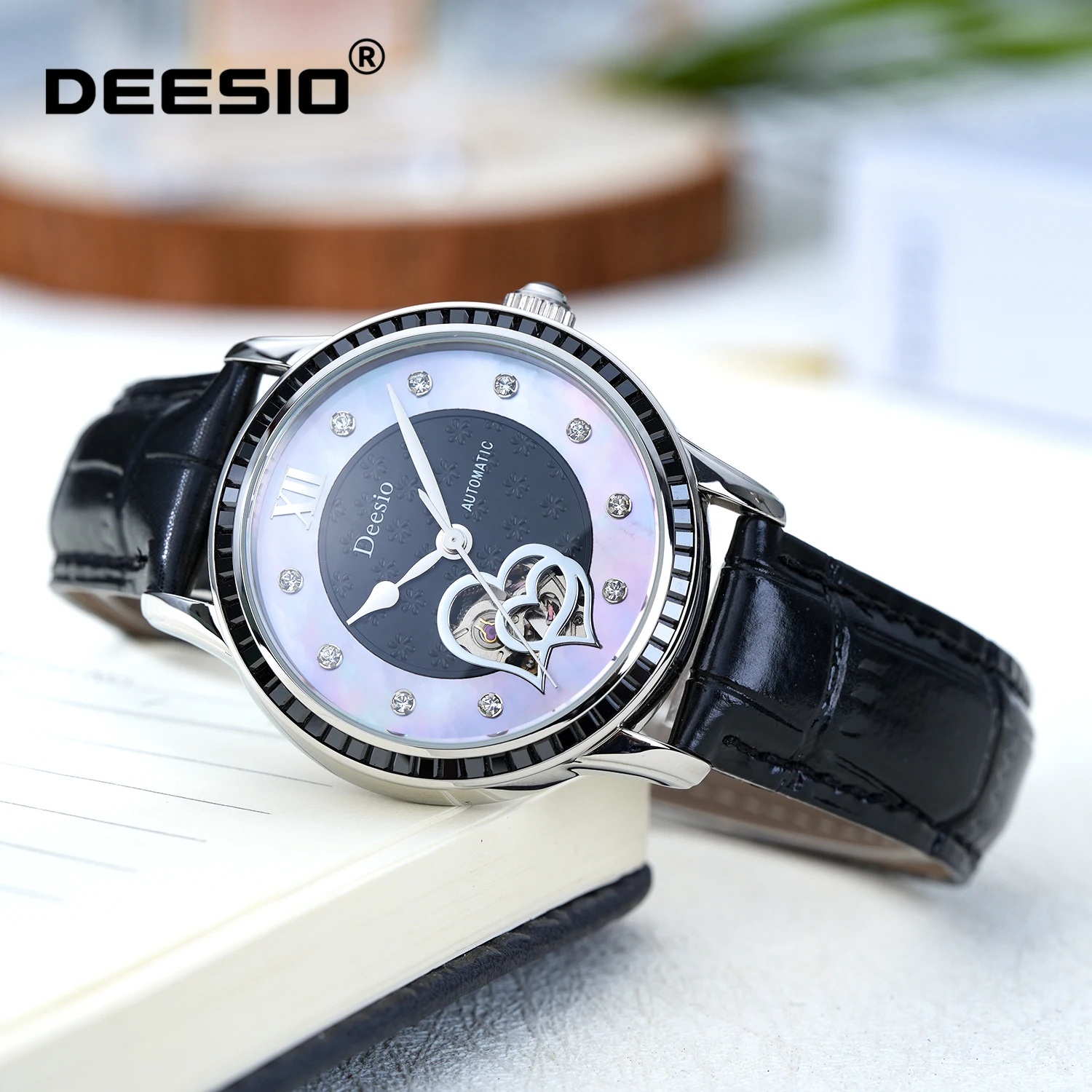 Deesio Ladies Leather Band Automatic Watch Heart Skeleton Dial Stainless Steel Case 50m Waterproof Mother Wife Valentine Gift