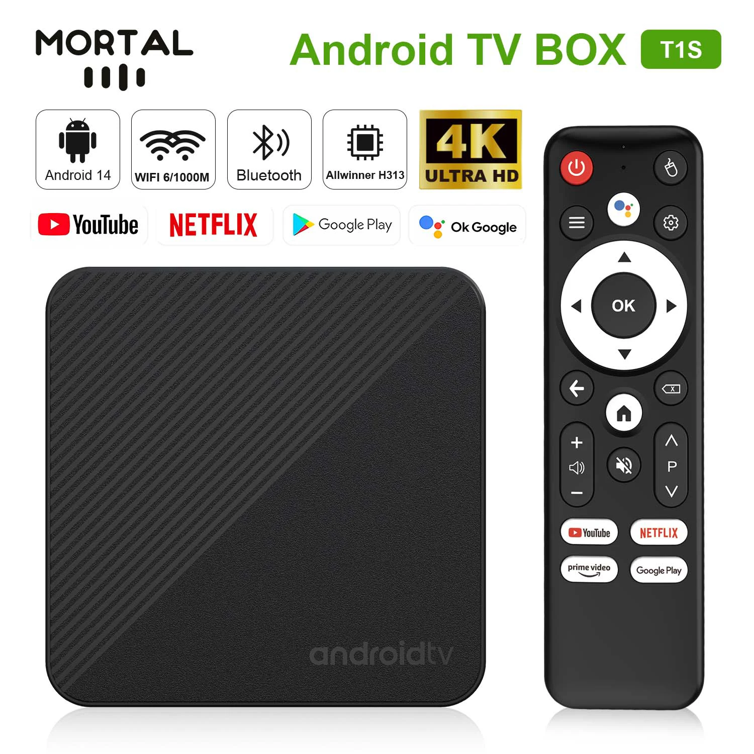 Android14 TV Box Smart 4K Home theater T1S AllwinnerH313 Netflix YouTube Wifi6 1000M Lan Bluetooth Chromecast Voice Assistant