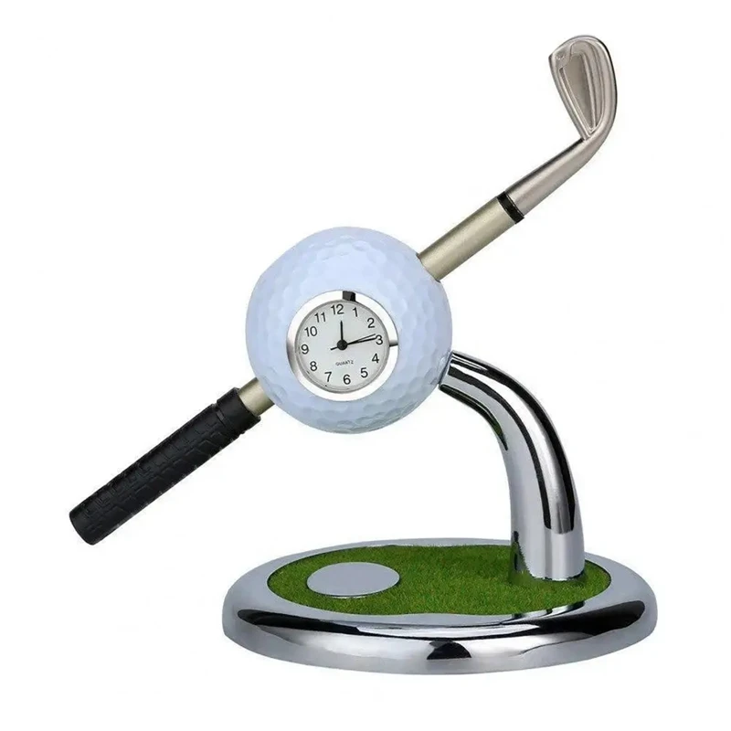 Golf Watch Pen Holder With Clock Mini Desktop Golf Ball Pen Stand Home Office Desktop Golf Pen Stand Clock Ornament Easy To Use