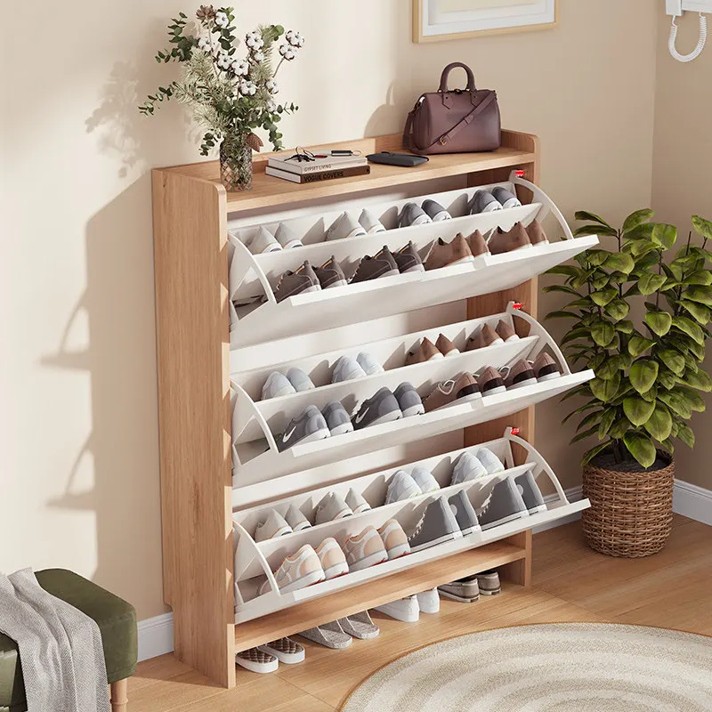 Solid wood ultra-thin 17cm tipping bucket shoe cabinet, popular at the door of the home, large-capacity entrance cabinet, simple