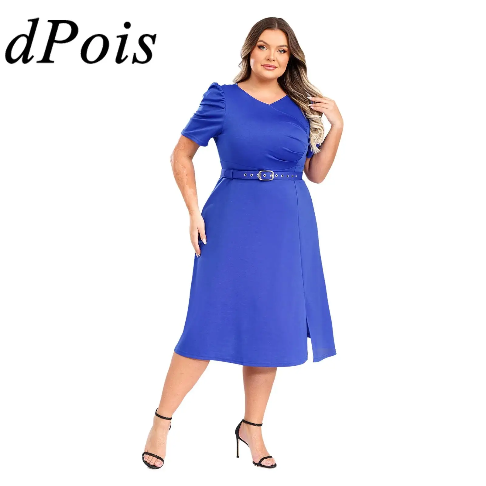 

Women Elegant Party Dresses V-neck Short Sleeve Knee Length Dress with Belt for Banquet Wedding Ceremony Pageant Vestidos