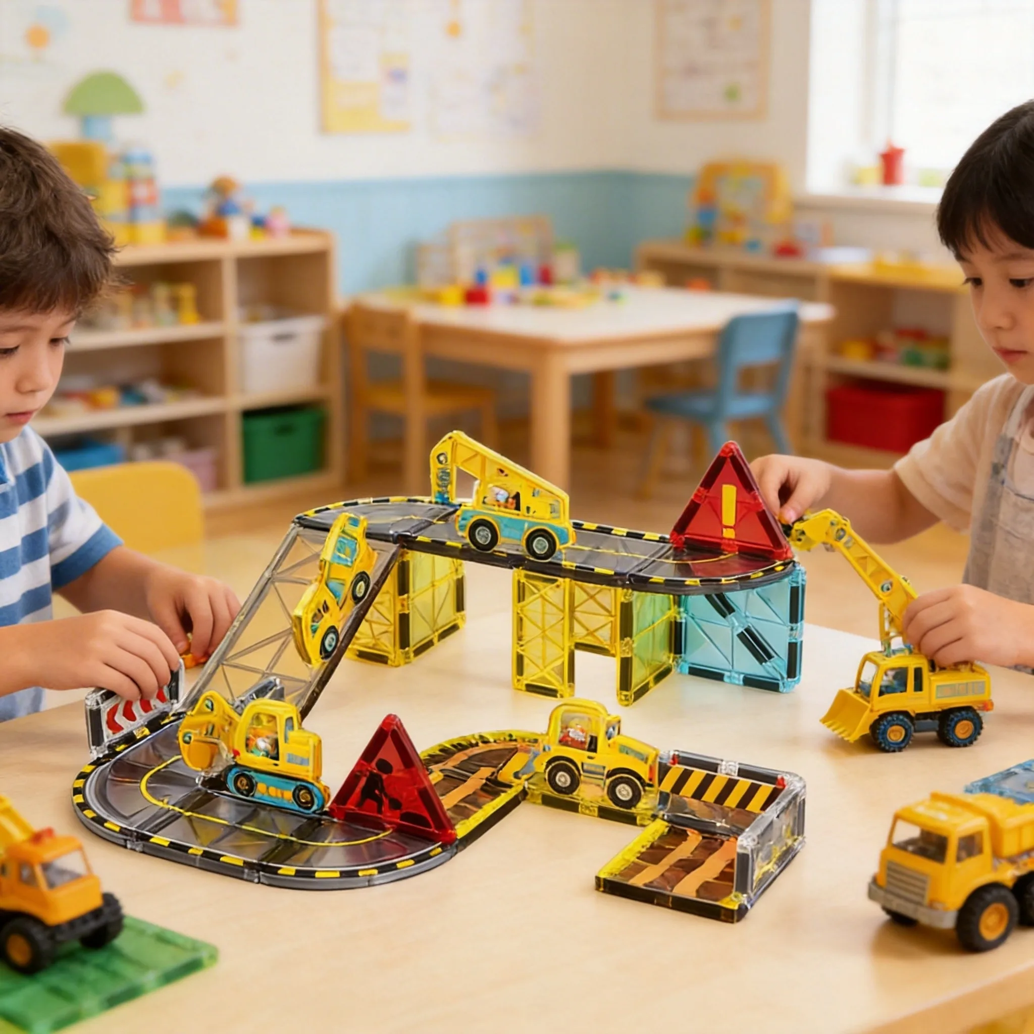 

Engineering Theme Magnetic Tiles Building Set - 32 Pieces with Track,Construction Vehicles & Barriers-Creative Construction Toys