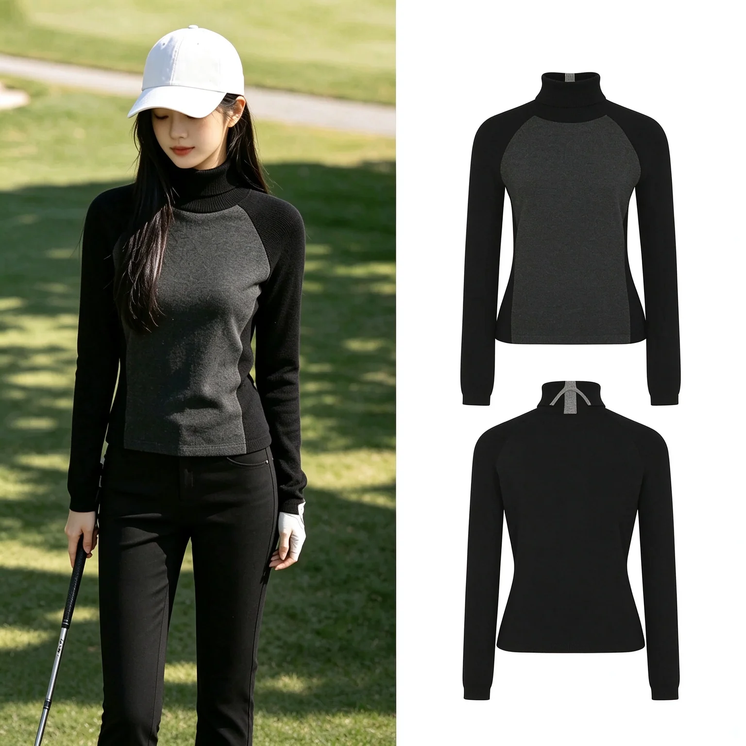 26 Autumn Winter Women Golf Color Block Slim Fit Long Sleeve Turtleneck Knit Base Layer Top