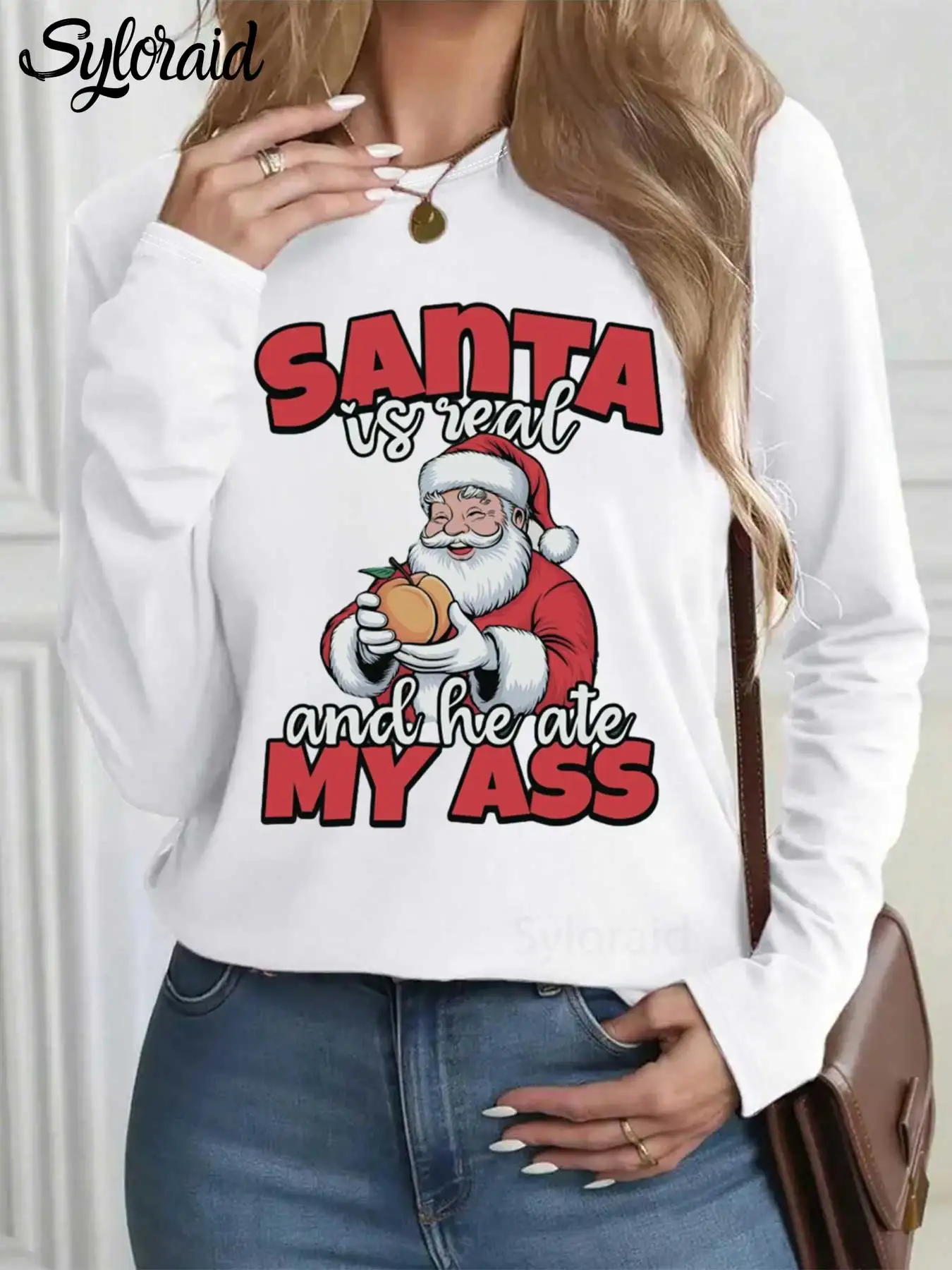 여성용 긴 소매 티셔츠 재미 있은 크리스마스 복숭아 산타 클로스 프린트 티셔츠 패션 라운드 넥 캐주얼 탑