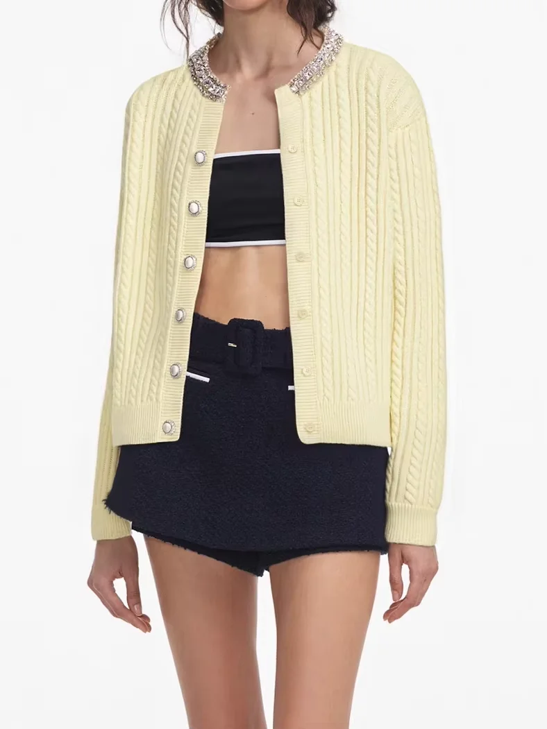 

Women's Rhinestone Decoration Yellow Sweater Autumn Single Breasted Long Sleeve O-Neck Sweet Ladies Knitted Cardigan