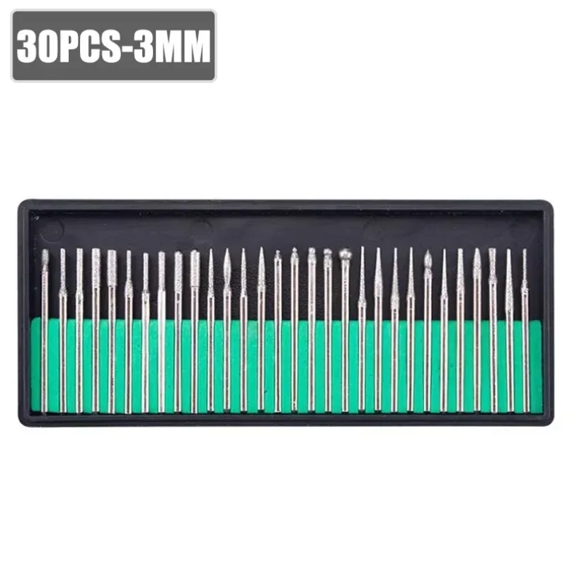 

30Pcs Diamond Burs Set 2.35/3mm Shank Rotary Tool Accessories For Dremel Electric Grinder Abrasive Drill Bits With Storage Box