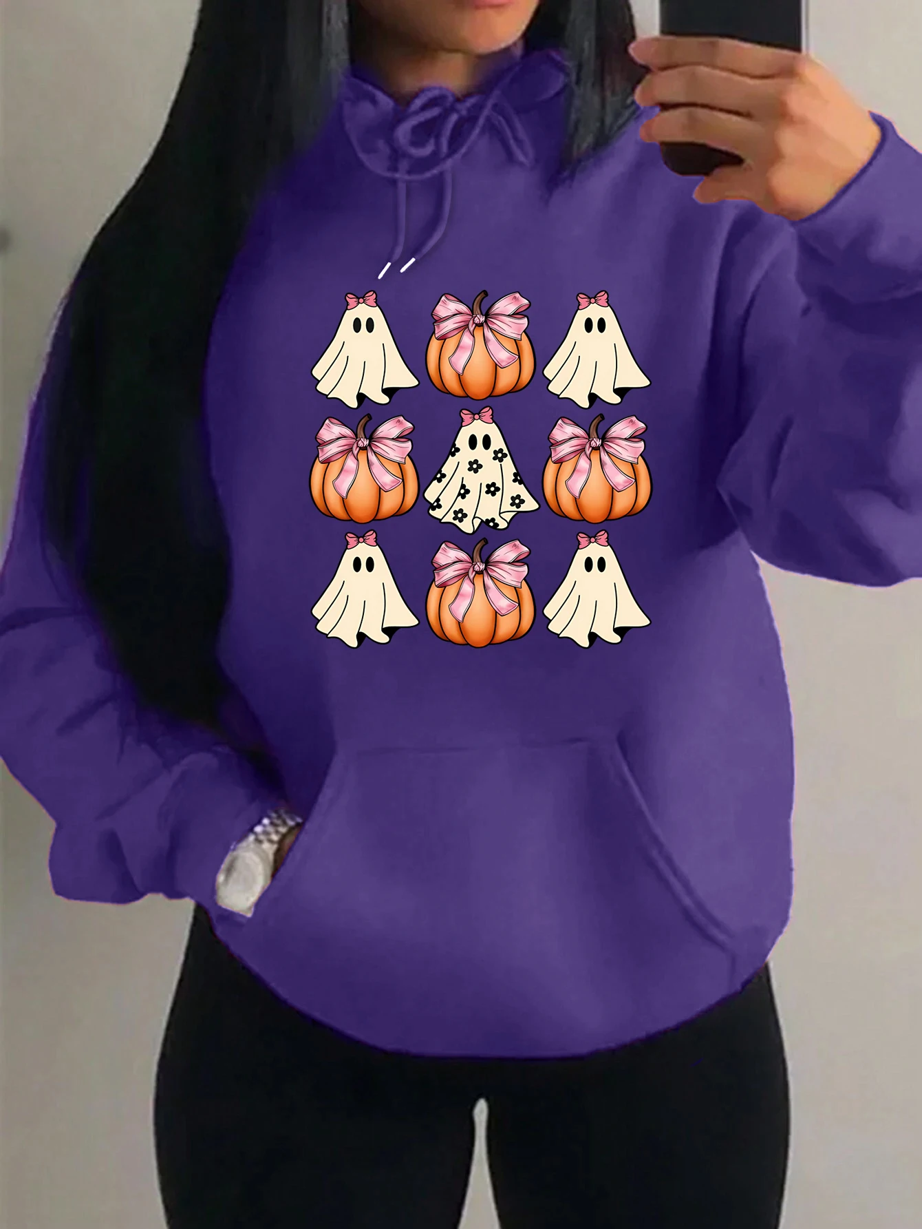 

Halloween Pumpkin Ghost With Bow Tie Print Women Hoody Harajuku Loose Clothes Creativity Street Y2K Womenswear Fleece Autumn Top