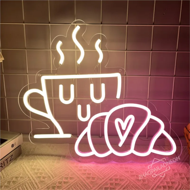 Coffee Bread Neon Sign Croissant Neon Light Restaurant Breakfast Shop Kitchen Home Decoration Gift Party Wall Hanging led Lights