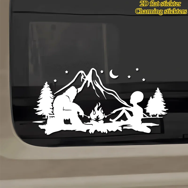 1pc 2D Flat Bigfoot Alien Campfire Vinyl Sticker Waterproof Outdoor Nature Decal For Car Camper Window Decor