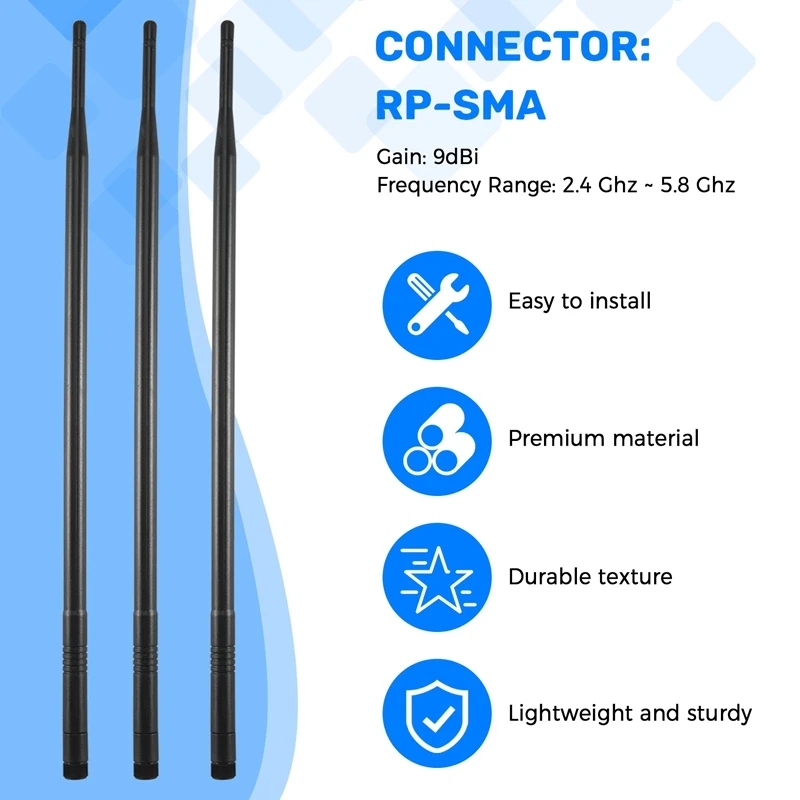 A75Q-3PCS 9Dbi RP-SMA Dual Band 2.4Ghz 5Ghz High Gain Wifi Router Wireless Tilt Antenna
