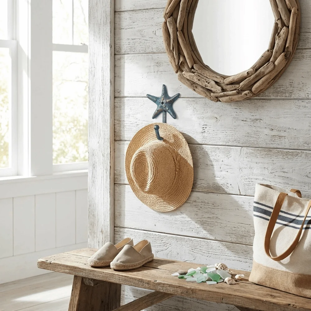 

Крючок для ключей в форме морской звезды из чугуна, цвет океанский синий, с золотистыми матовыми деталями, прочный, винтажный, в деревенском стиле