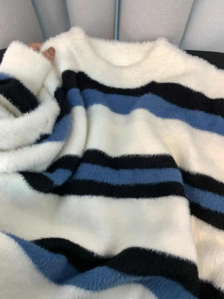 Women Striped Pullover Long Sleeve Mohair Sweater Harajuku Vintage Y2k Mink Cashmere Japanese Sweater 2000s Clothes Winter 2025