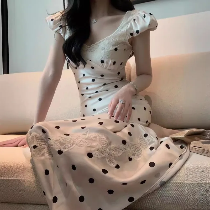 French Summer Dress Fashionable Women's Clothing Soft and Glossy Semi Hollow Butterfly Lace Embroidered Polka Dot Fishtail Skirt