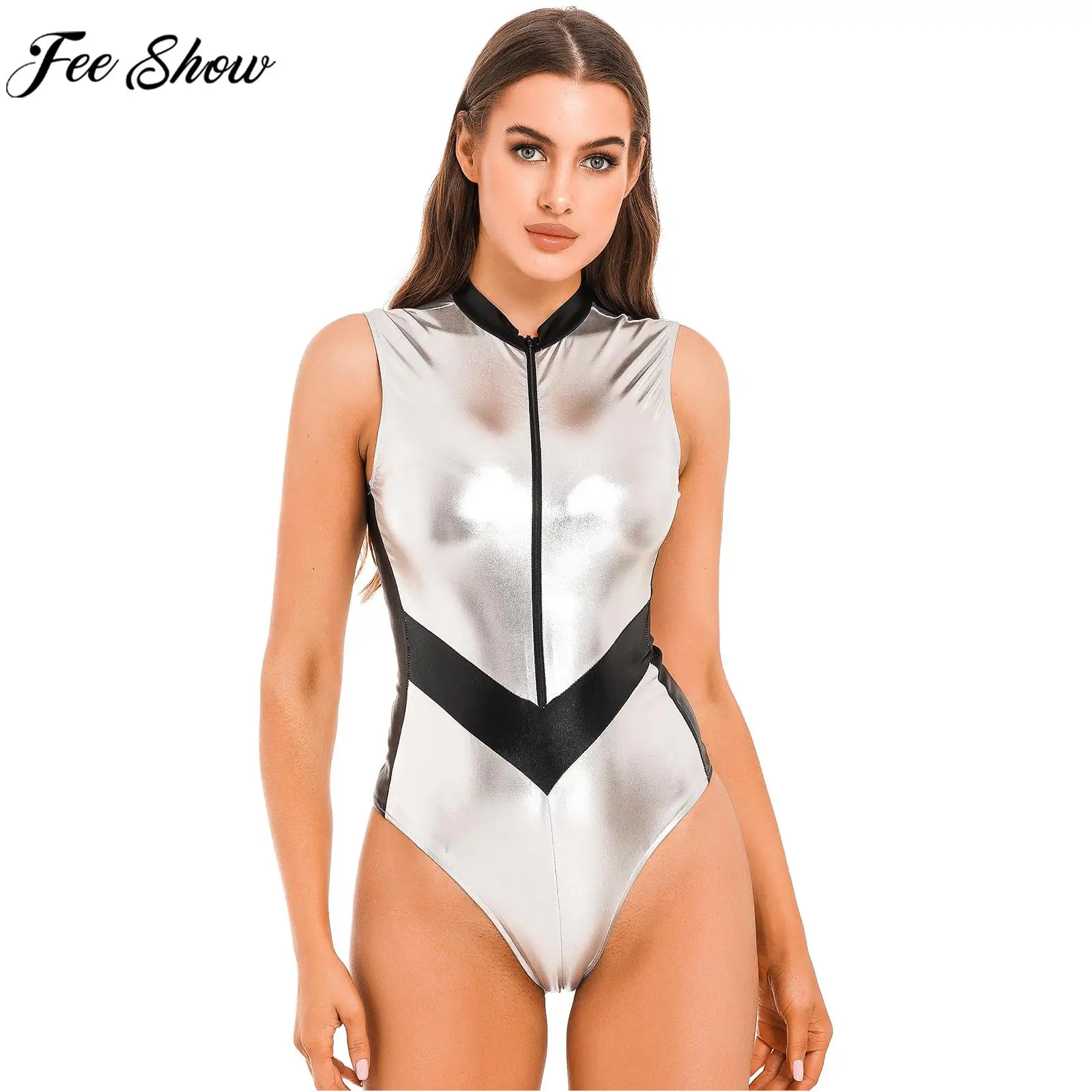 Women Fashion Metallic Shiny Bodysuit Club Pole Dancing Costume Sleeveless Zipper Stand Collar Leotard for Music Festival Party