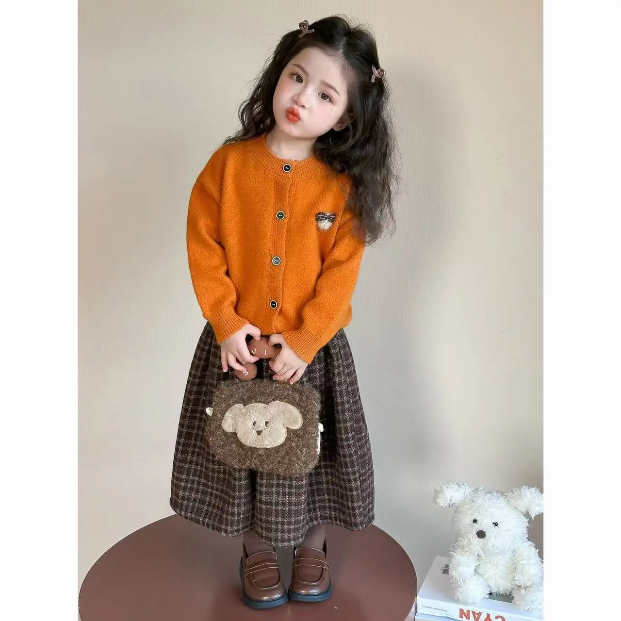 Girls Vintage Knit Outfit Set Autumn Winter New Knit Cardigan & Fleece Lined Plaid Wide Leg Pants For Baby Kids Girls
