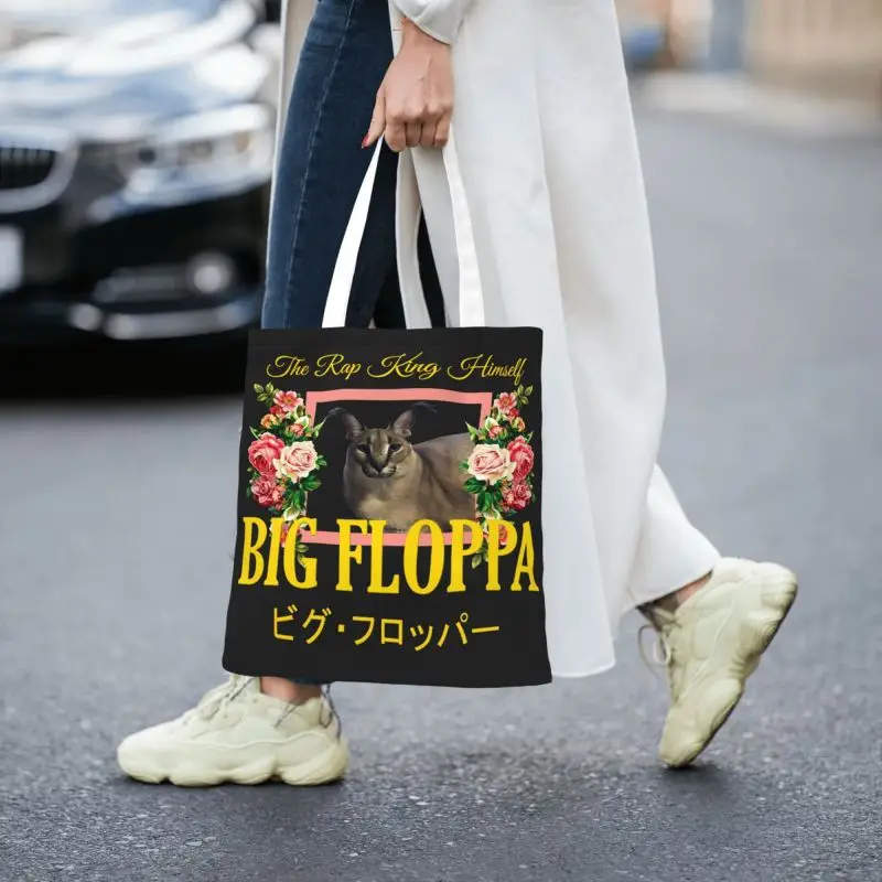 Big Floppa Floral Aesthetic Grocery Tote Shopping Bag donna Kawaii Cat Canvas Shopper borsa a tracolla borse di grande capacità