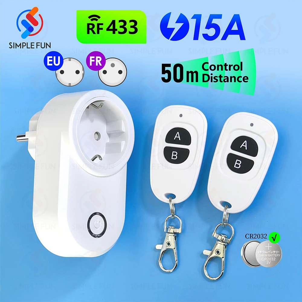 433Mhz Wireless Smart Outlet Remote Control Socket EU FR,Waterproof Remote,15A 110V 220V RF Plug for Home Appliances Lamp ON OFF