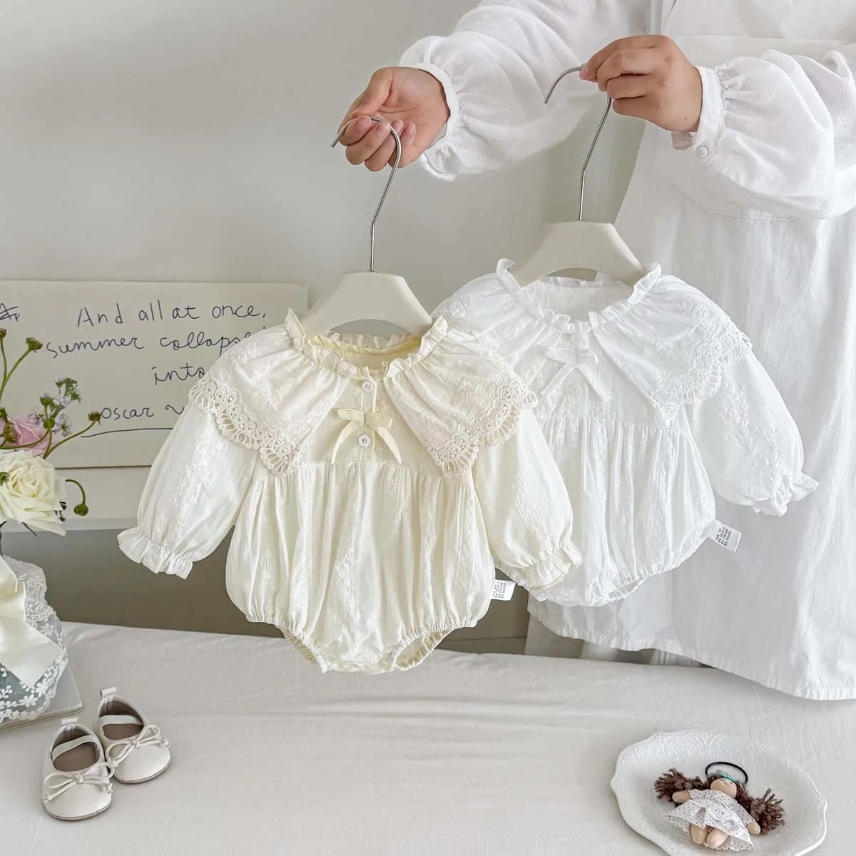 Baby Girl Lace Ruffle Collar Triangle Romper, Spring and Autumn Long-Sleeve Embroidered Triangle Romper, Newborn Princess Style Romper, Baby Photo Shoot Outfit