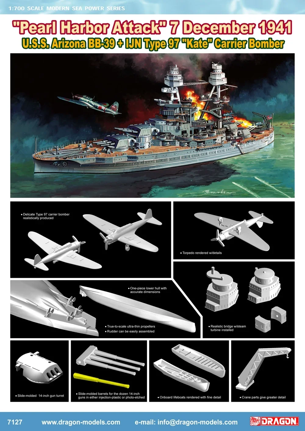 Kit modelo de navio militar DRAGON 7127 EUA Arizona BB-39 1/700 Montar modelo