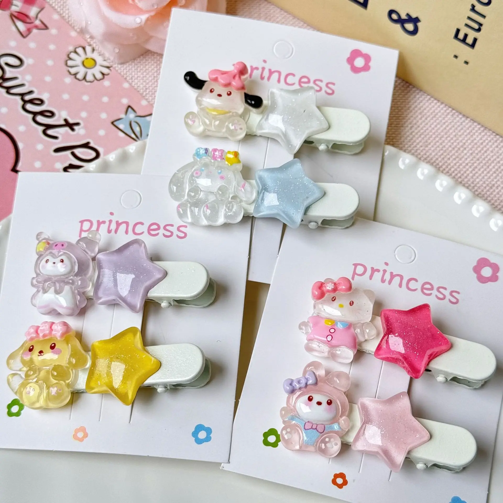 

6Pcs Kawaii Sanrio Hello Kitty Star Hairpin, Anime Yugui Dog, Melody One-word Clip, Sweet Girl Hair Accessories Children's Gifts
