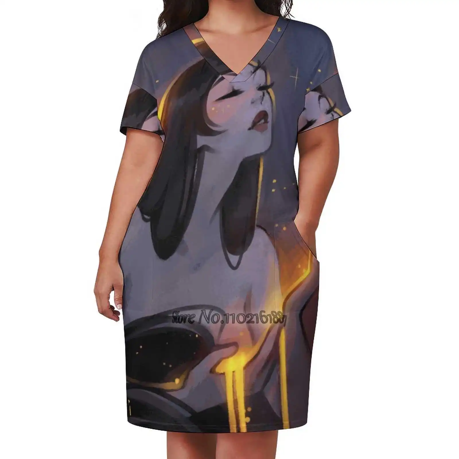 

When The Moon Met The Sun Loose V-Neck Short Sleeve Skirt Elegant High Quality Dress Lightweight Fabric Skirt Pretty Girl Light