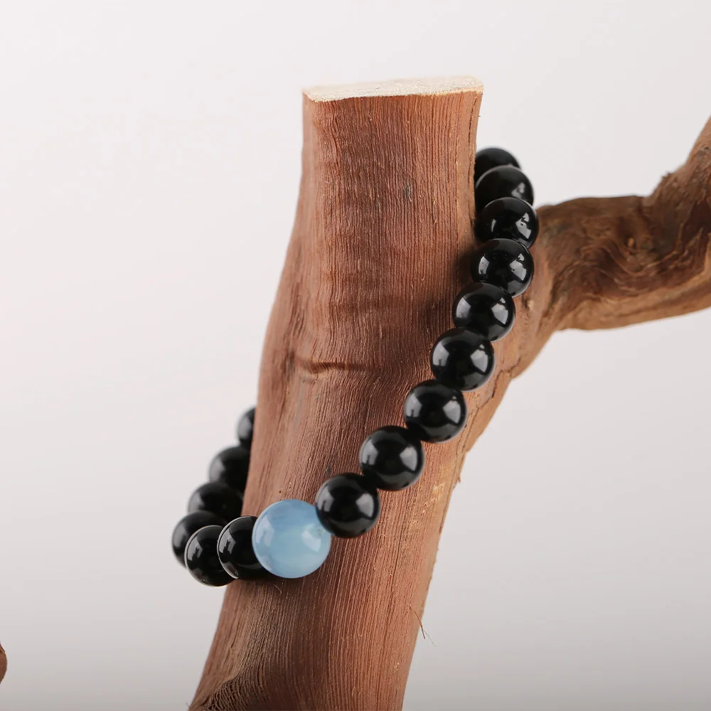 Natural Stone Aquamarine Obsidian Bracelet Bohemian Women Handmade Elastic Rope Beaded Jewelry 18cm 13g