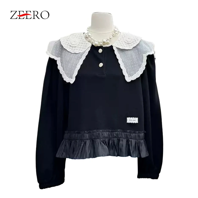 Spring Autumn Women Vintage Black Patchwork Ruffles Blouses Tops Mujer Elegant Female Loose Gray Ruffled Neck Short Blouses