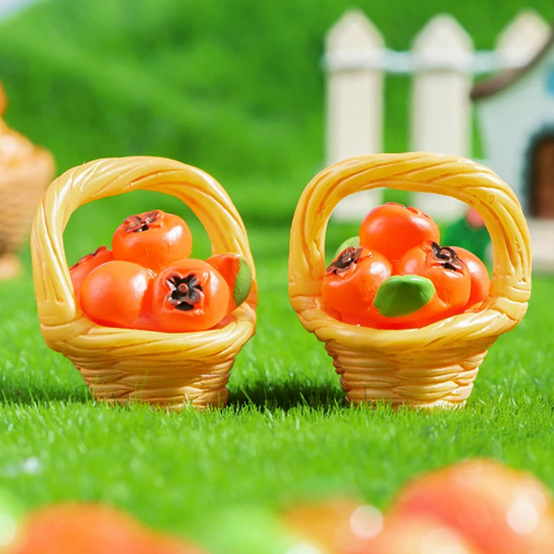 Micro Landscape Creative Cute Simulation Fruit Food Play Bamboo Basket Persimmon Resin Ornaments DIY Decoration Ornaments