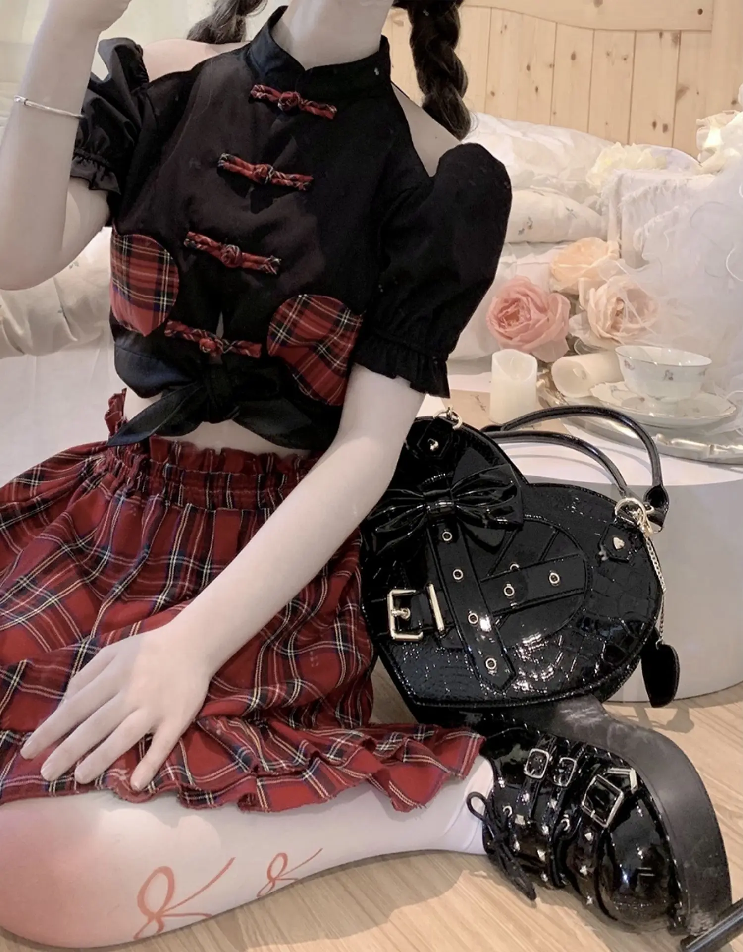 Gothic Cross Lolita Heart Shape Women Handbag Shoulder Bag Kawaii Girls Japanese Bow Tie Satchel Bag Crossbody Bag Totes