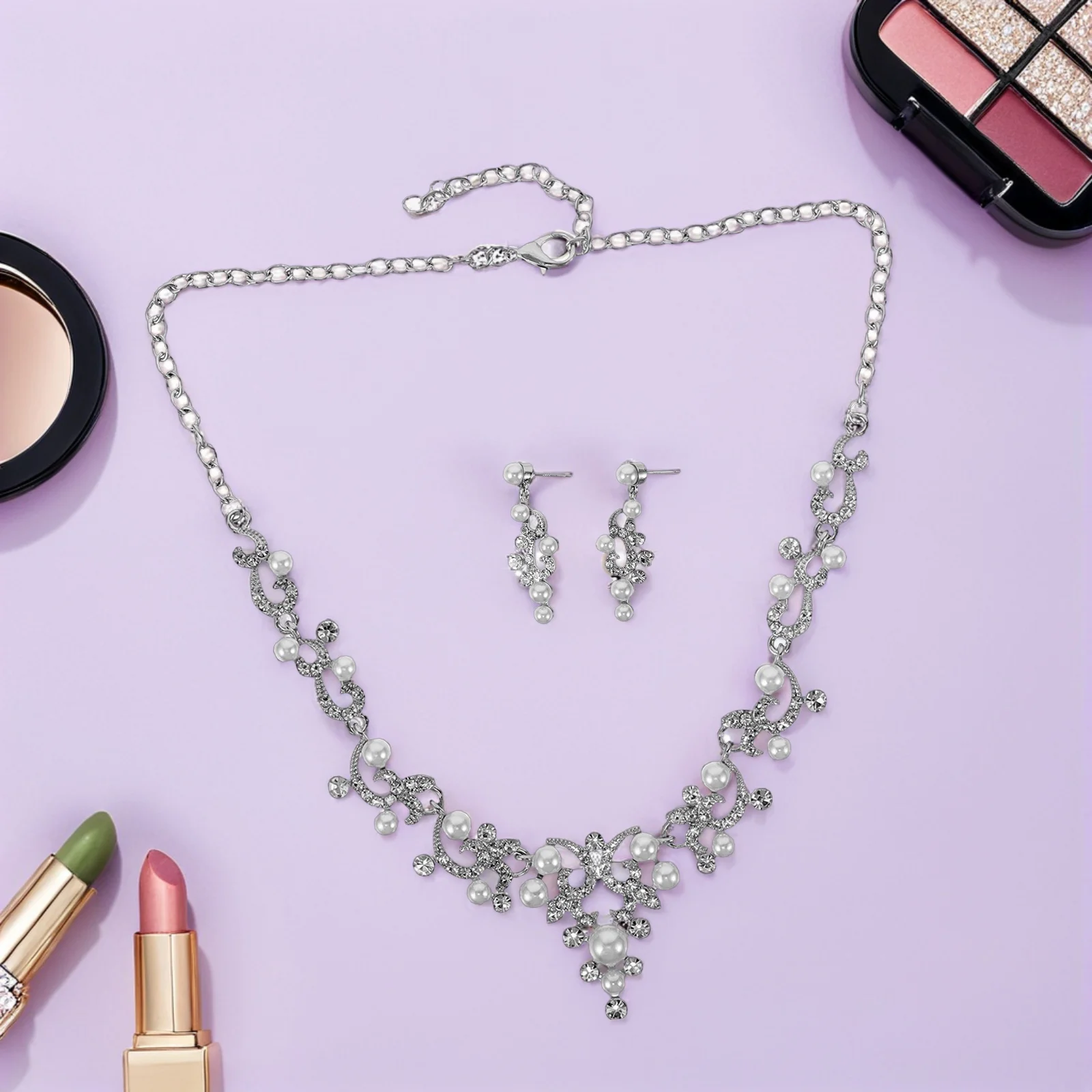 

1Set Bridal Jewelry Set Rhinestone Pearl Necklace Earrings Wedding Accessories Bride Jewelry for Formal Events Prom