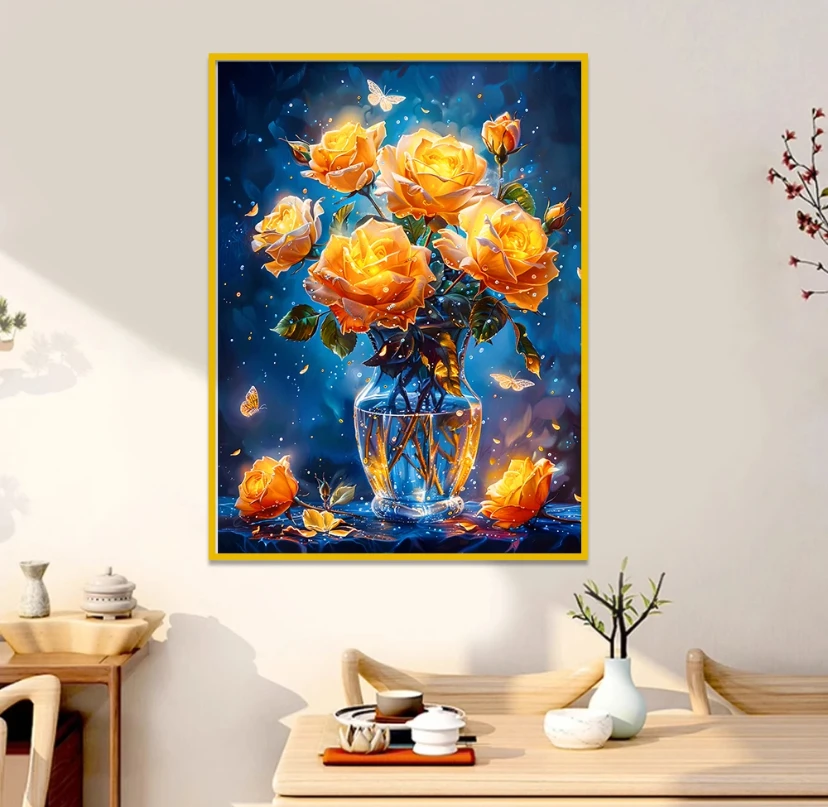 

9ct 60x80cm Golden Rose Printed Kits Cross Stitch Embroidery DIY Needlework Set Home Decor Crafts With Needles Threads