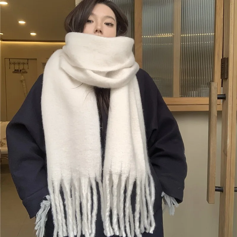 Winter Scarf Women Solid Cream White Cashmere Feel Scarfs Extra Long Thick Tassel Shawl Soft Warm Large Blanket Wrap Pashmina