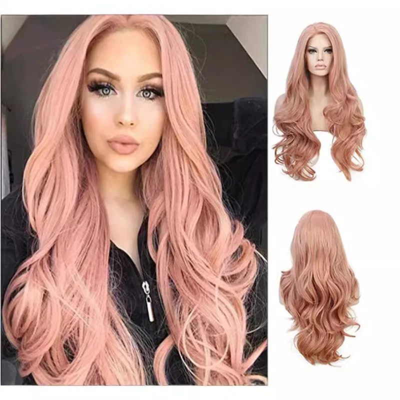 New European and American style women's long curly pink wig with middle parting