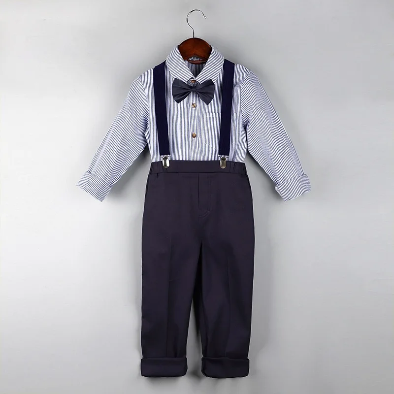 

Children's Striped Suit Set Teens Kids Wedding Birthday Party Costume Toddler Boy Suspenders Long Shorts Shirt Bow Tie Clothes