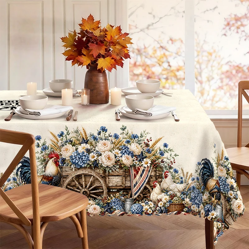 Farmhouse Tablecloth with Blue Roosters, Flower Cart for Indoor/Outdoor Camping decor, Rectangular/Round/Oval