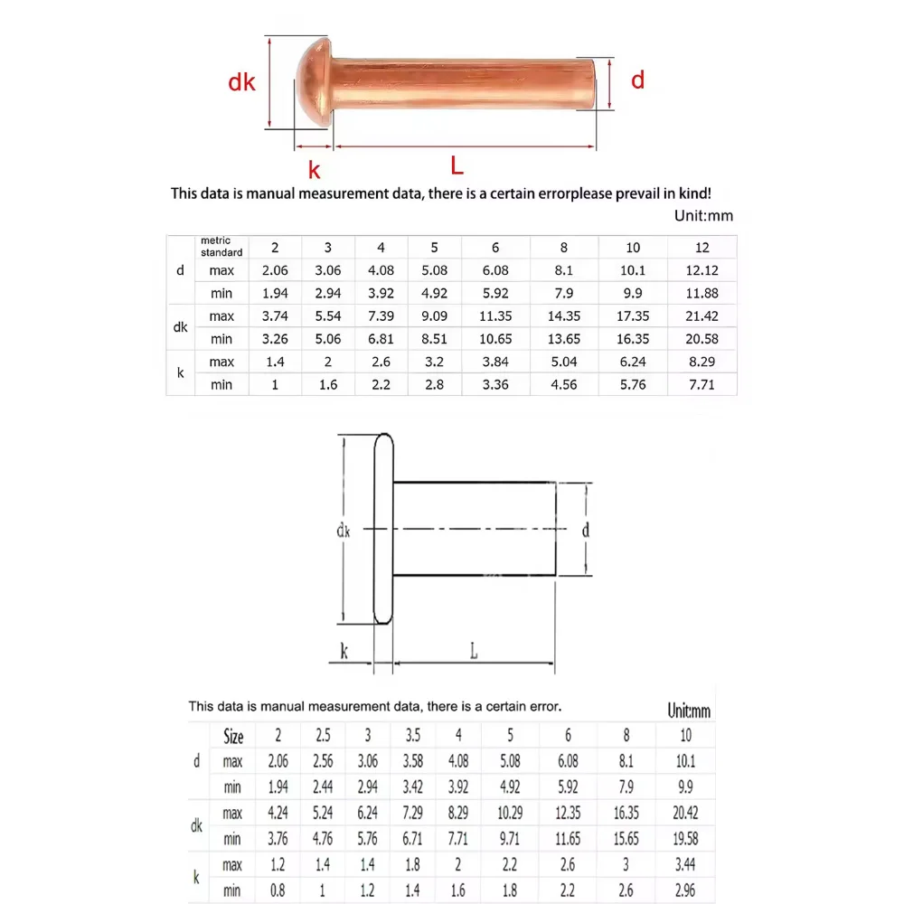 5/10/20/40/100pcs Flat Countersunk Semi-Round Head Pure Copper Solid Rivets M1.5 M2 M3 M4 M5 M6 M8 Copper Rivets Round Nail