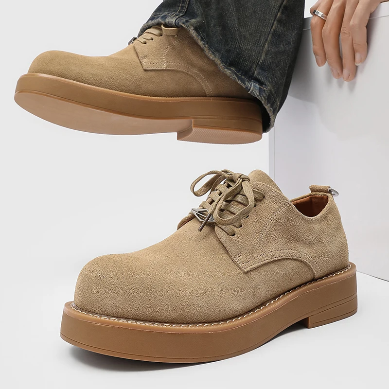 Imitation Suede Men Retro Derby Shoes with Round Toe Straps for Increased Anti Slip and Casual Daily Commuting Single Shoes