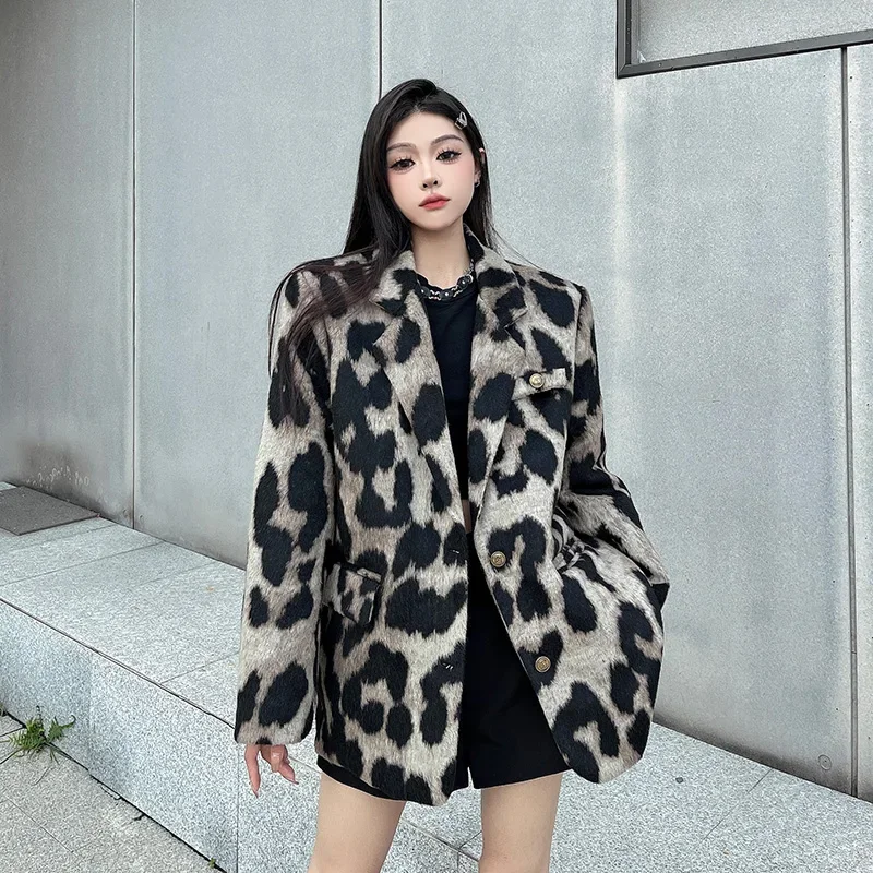 

MiiiiX Office Lady Korean Style Leopard Print Woolen Tailored Coat Women Outerwears Winter Loose Fashion Thick Suit Jacket Top