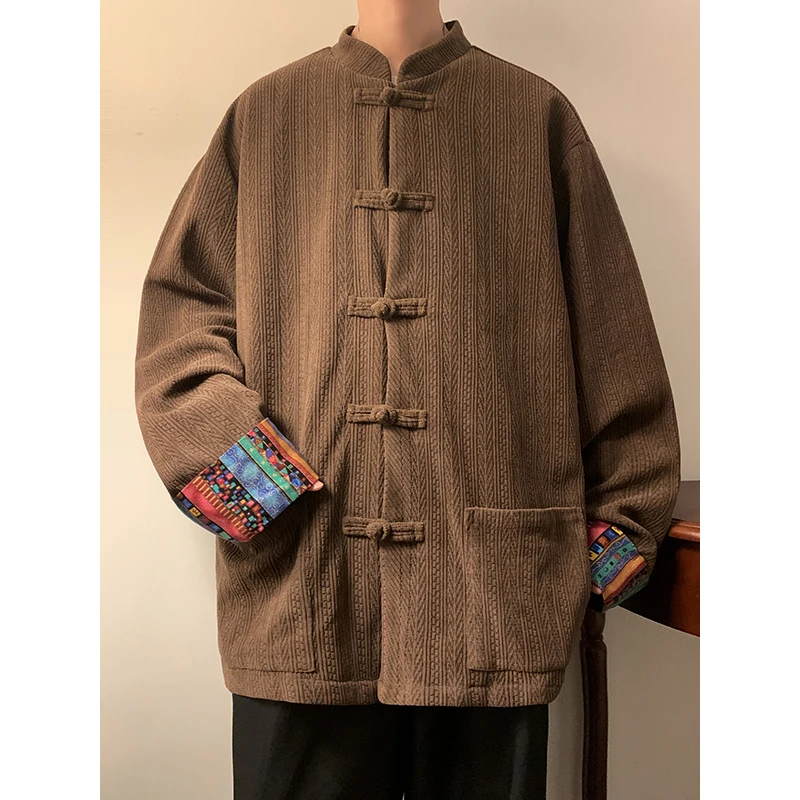 

Corduroy Jaet Men's Casual Autumn Spring Wheat Spike Pattern Chinese Sle National Retro Button Tang Hanfu Outerwear