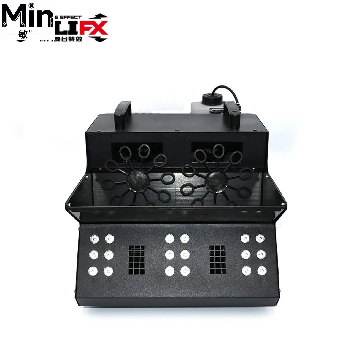 3 In 1 18PCS 1500W RGB LED 8 Channel DMX Remote Control Two Wheel Fog Bubble Blower Hurricane Bubble Haze Machine