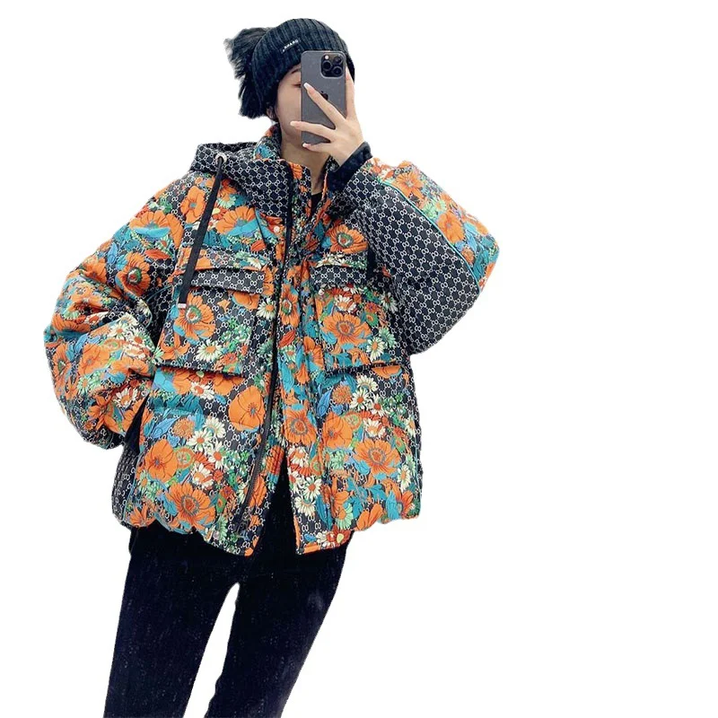 Short Down Jacket for Women, Printed Hooded Parka, Loose Coats, Warm Winter Parka, Light Weight, Fashion,